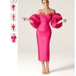 NWT ALIEVA - Tiffany Dupioni Puff Sleeve Mini Dress (Hot Pink) 2XL